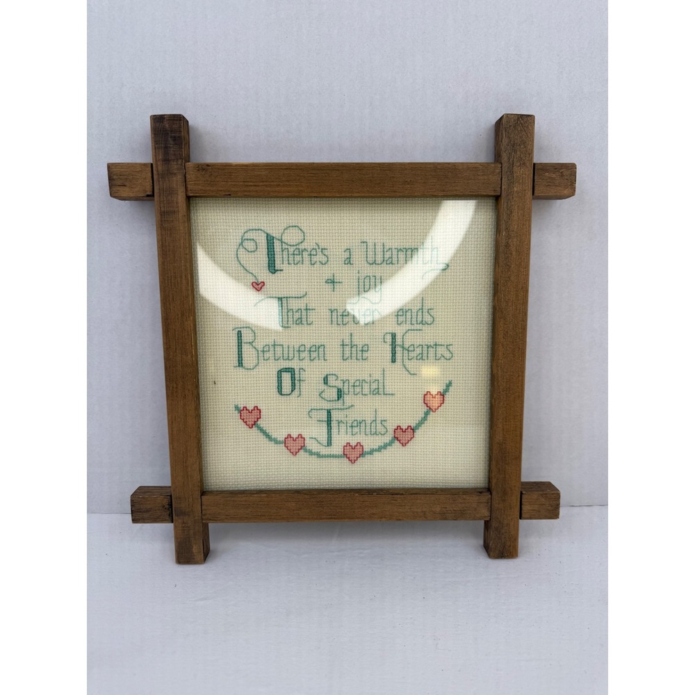 Vintage Cross Stitch Friendship Wall Art Rustic Wood Frame Hearts Quote Green